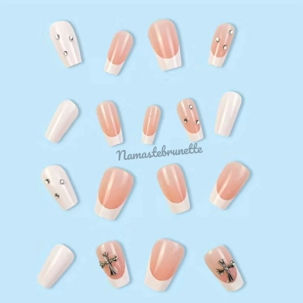2/$16 Rhinestone Cross French Manicure Press On Nails